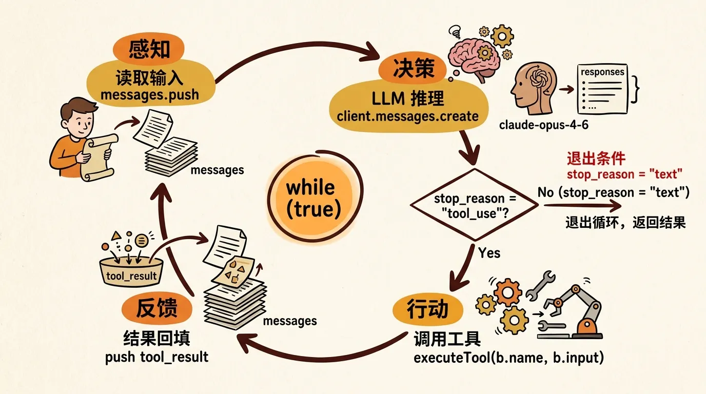 Agent Loop 四阶段循环流程图