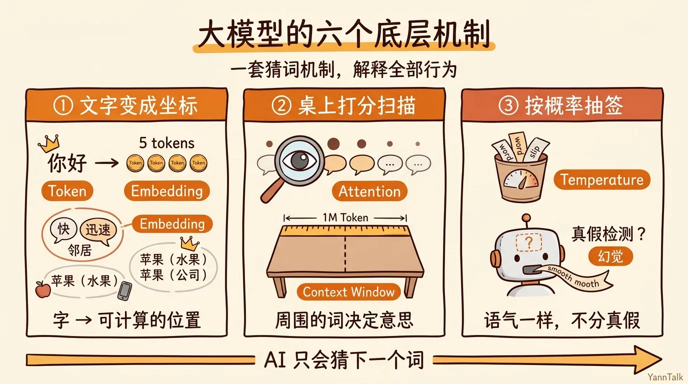 大模型的六个底层机制：文字变成坐标 → 桌上打分扫描 → 按概率抽签