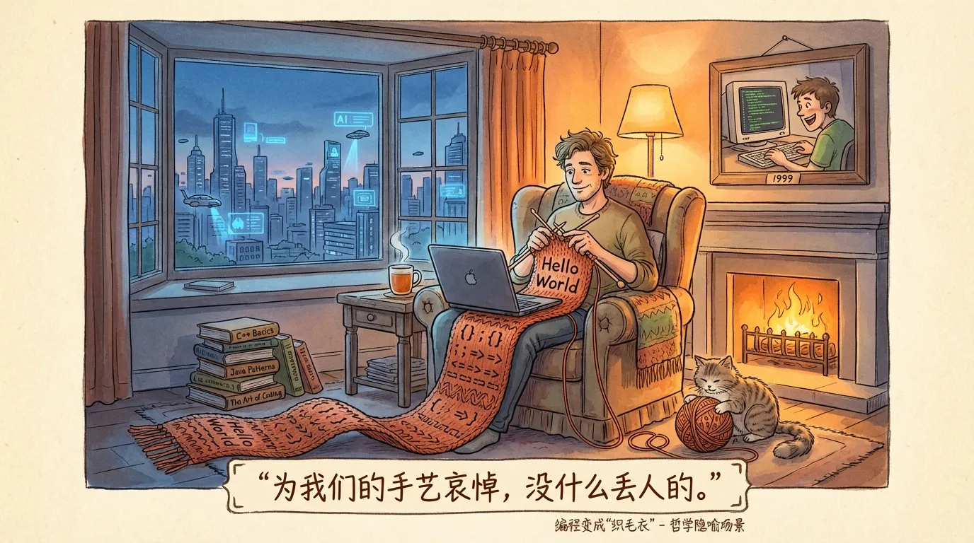 编程变成“织毛衣”——在AI接管的世界里,程序员在温暖的灯光下用编织针织出代码花纹的围巾,享受手艺本身的快乐